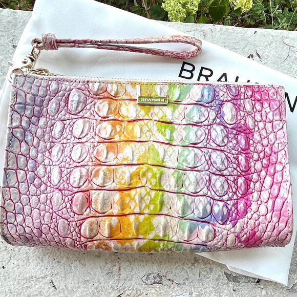 BRAHMIN Daisy Optimism Melbourne Croc Pastels Wristlet Clutch Dust Bag Rare - Picture 1 of 8
